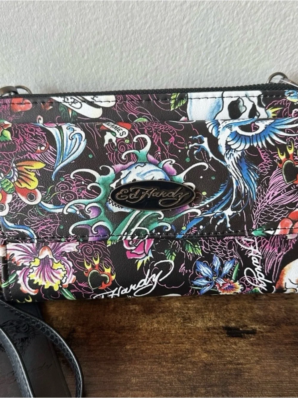 Ed Hardy Black Multicolor Tattoo-Print Crossbody Wristlet